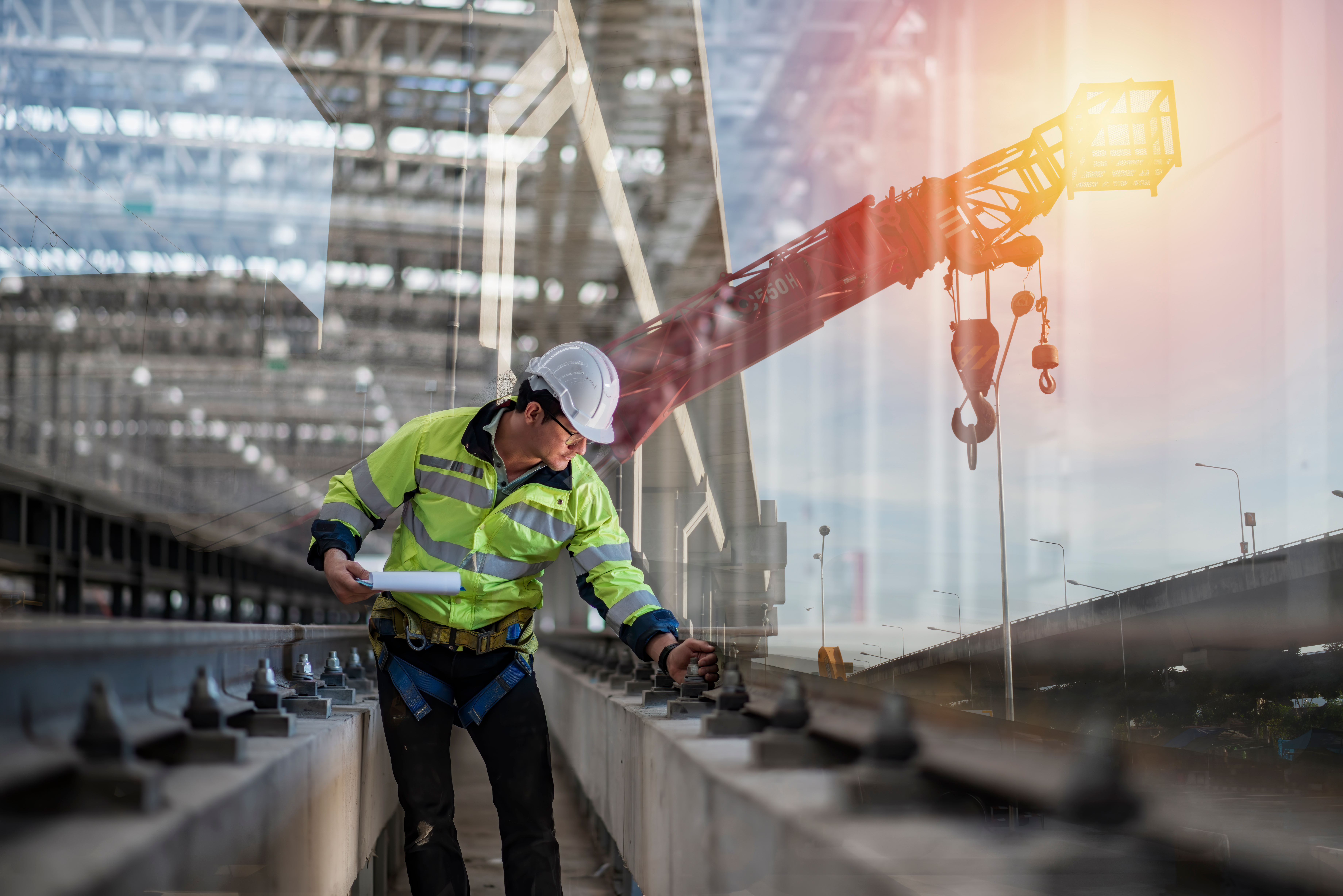 ISI inspector in high visibility gear and white hard hat performing safety inspections on a bridge.