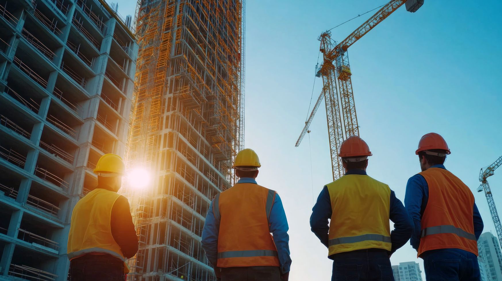 Construction workers looking up at cranes