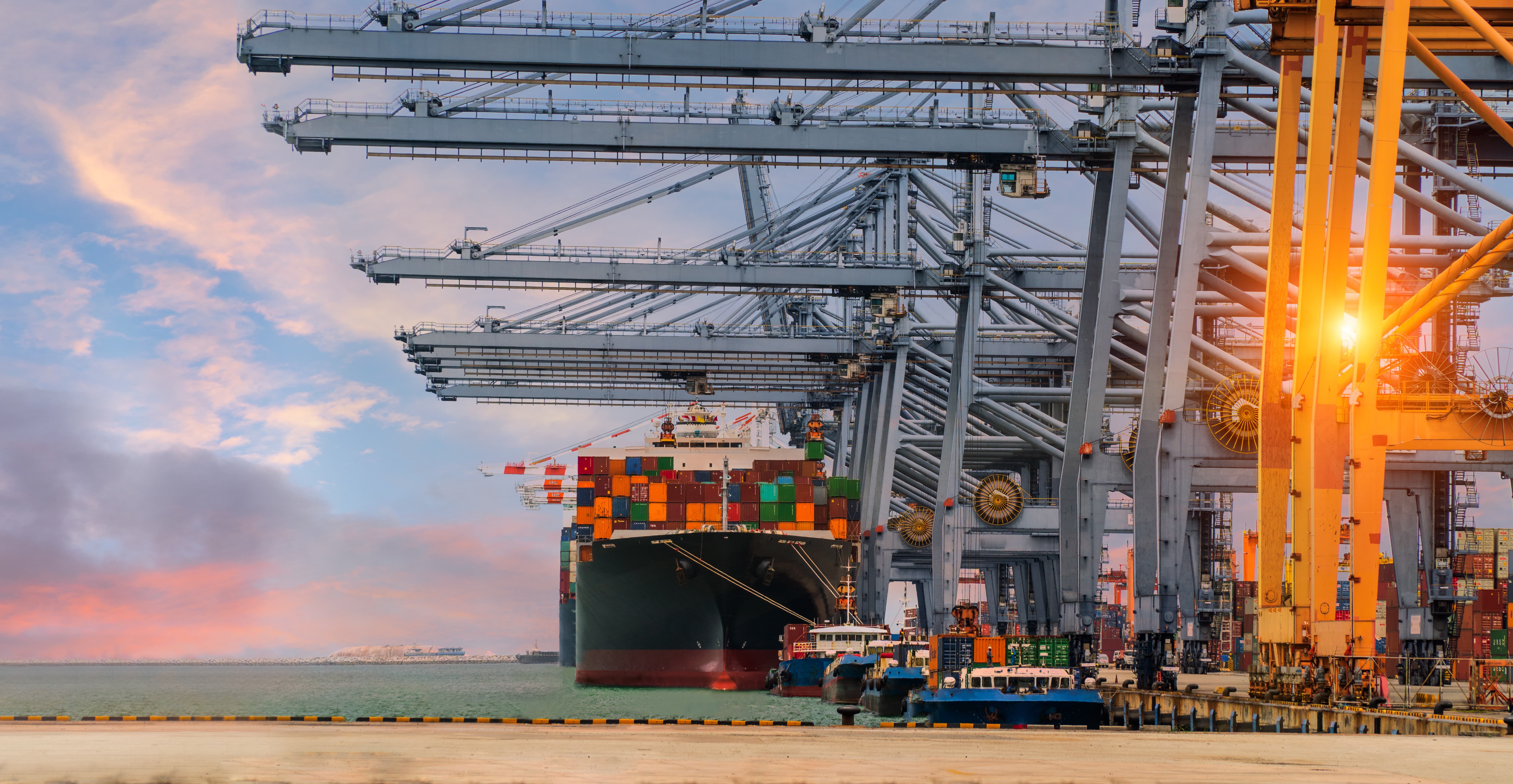 Large cargo ship docked at container terminal with cranes