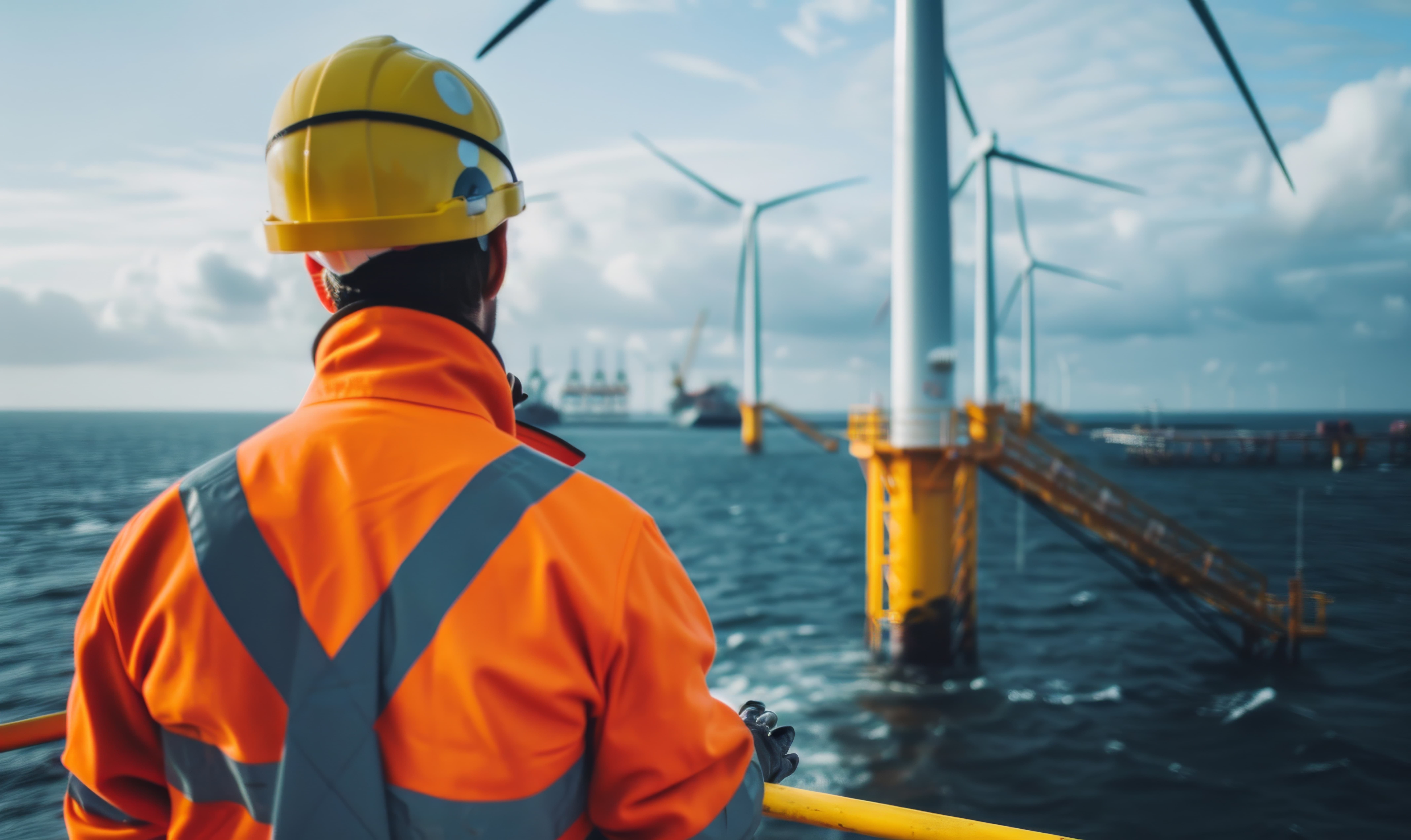 Worker in safety gear observing wind turbines on offshore platform